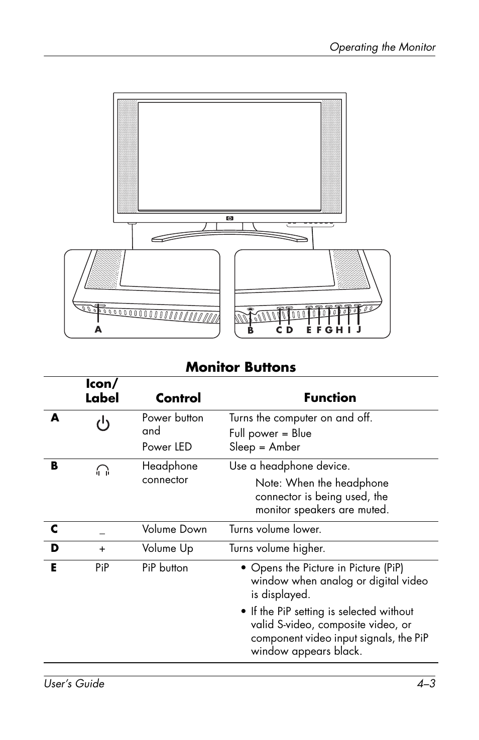 Monitor buttons | HP f2304 23-inch High Def LCD Monitor User Manual | Page 23 / 52