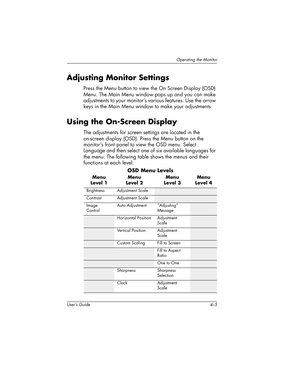 Adjusting monitor settings, Using the on-screen display | HP f2304 23-inch High Def LCD Monitor User Manual | Page 25 / 52
