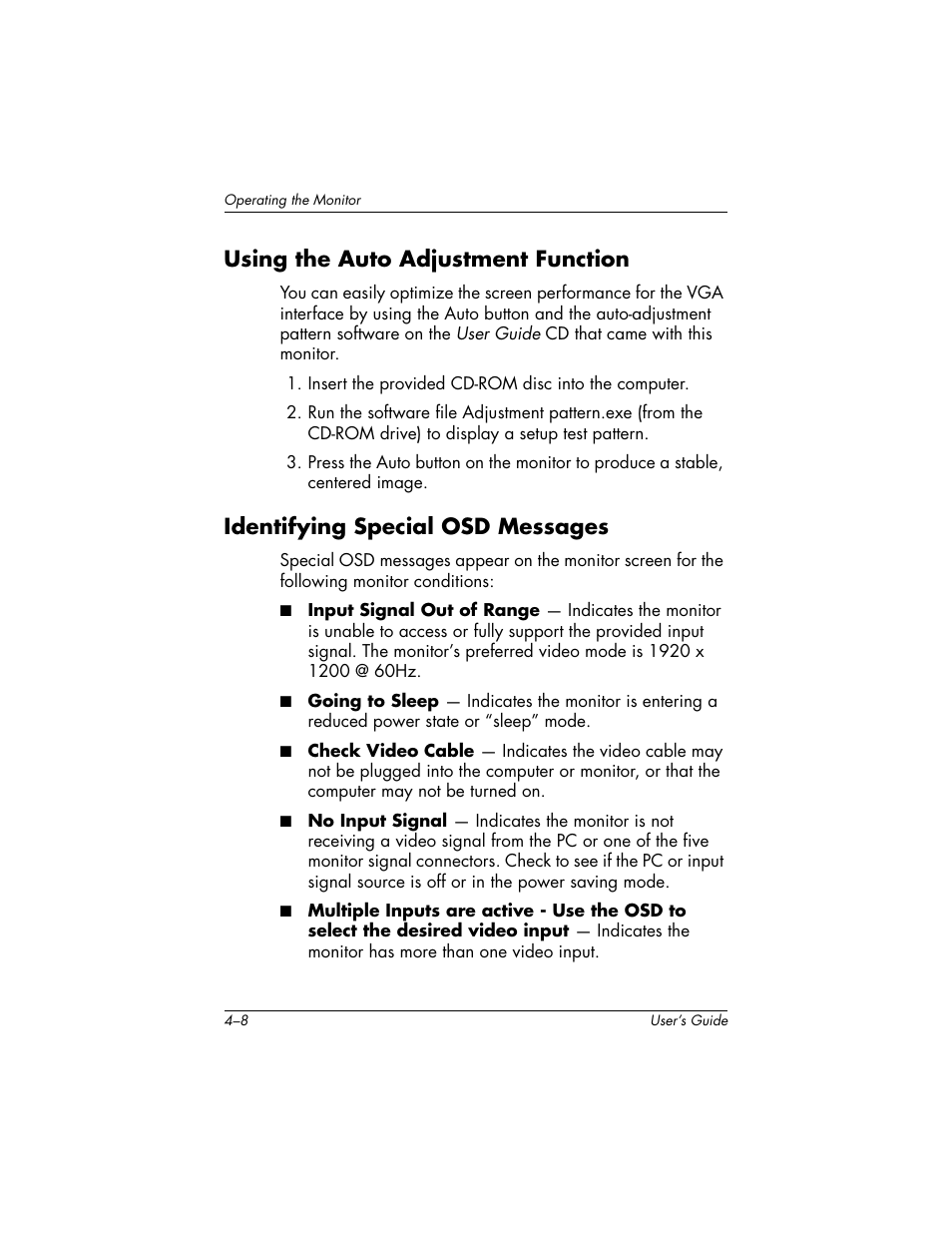 Using the auto adjustment function, Identifying special osd messages | HP f2304 23-inch High Def LCD Monitor User Manual | Page 28 / 52