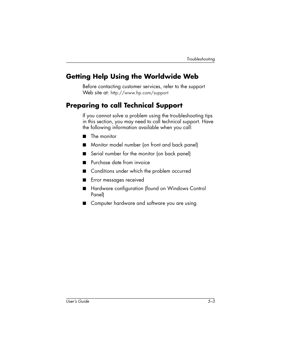 Getting help using the worldwide web, Preparing to call technical support | HP f2304 23-inch High Def LCD Monitor User Manual | Page 33 / 52