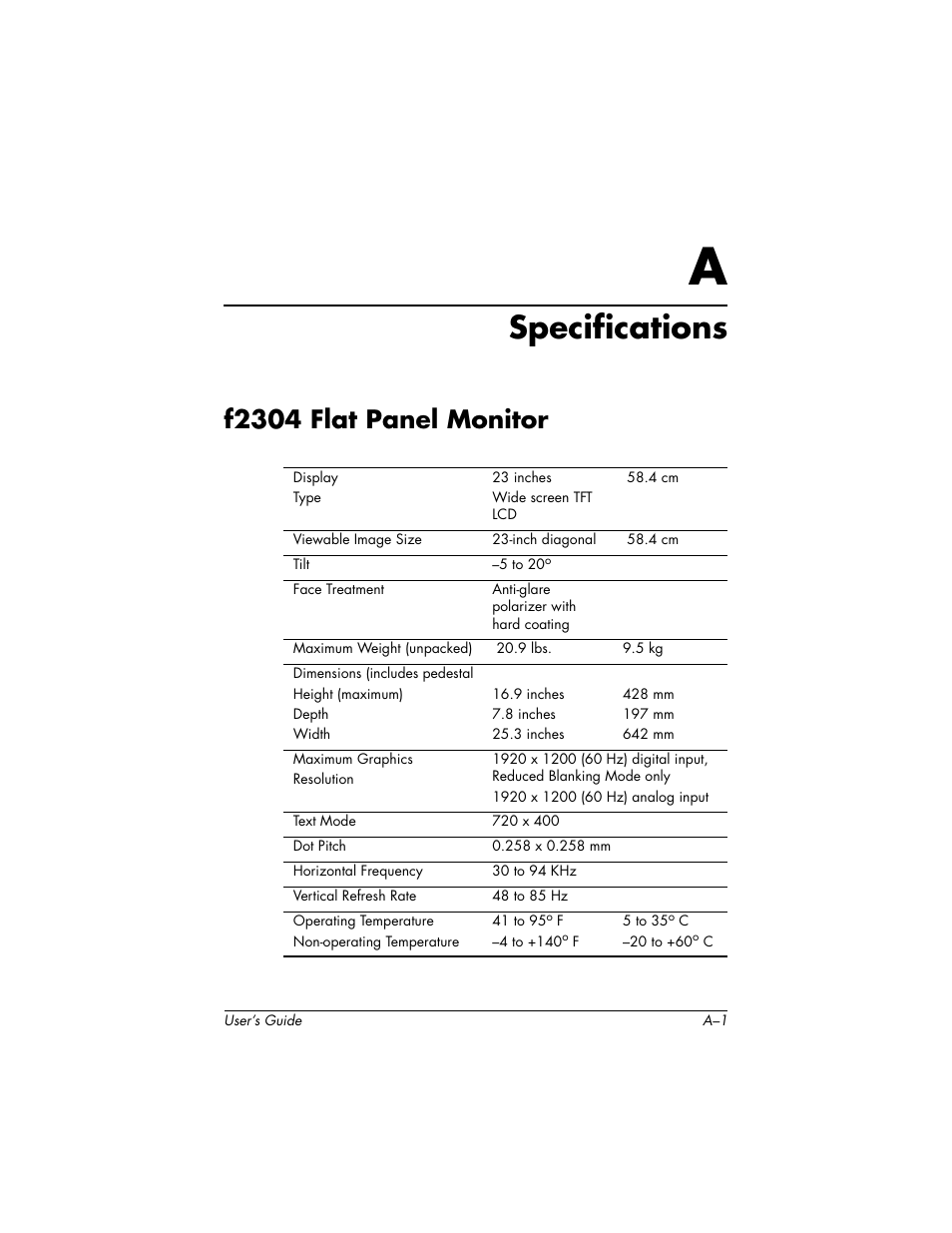 Specifications, F2304 flat panel monitor, A specifications | HP f2304 23-inch High Def LCD Monitor User Manual | Page 35 / 52