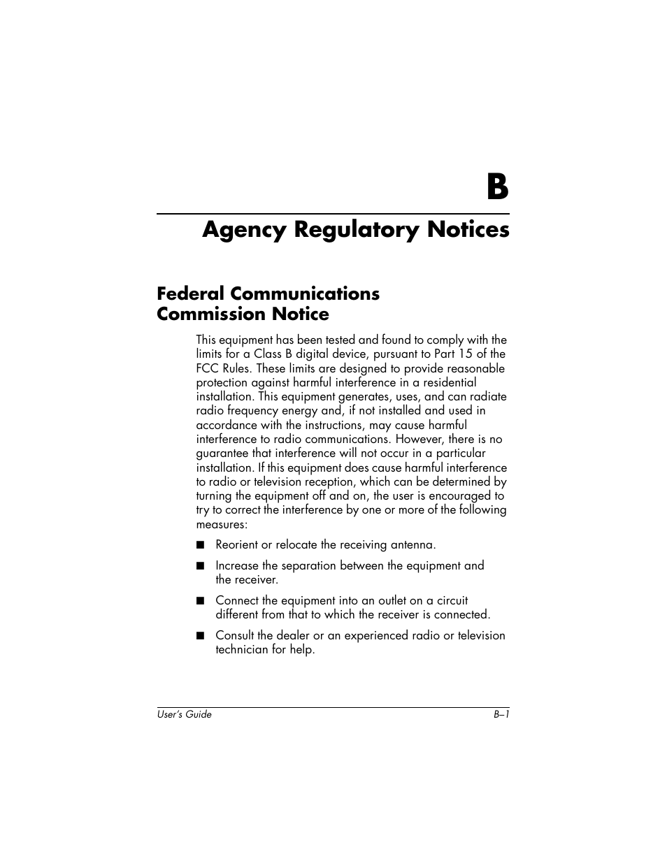 Agency regulatory notices, Federal communications commission notice, B agency regulatory notices | HP f2304 23-inch High Def LCD Monitor User Manual | Page 43 / 52