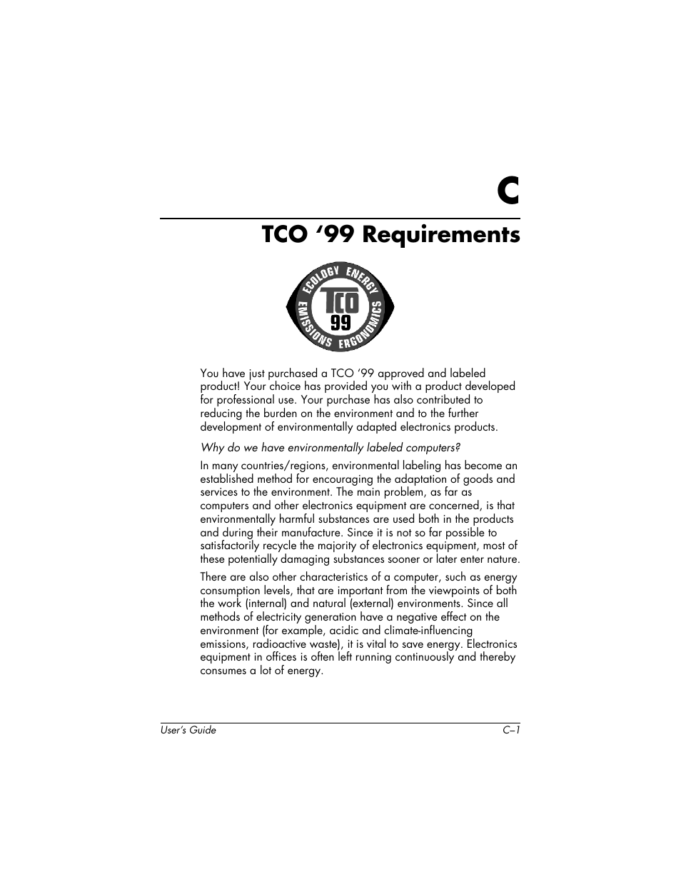 Tco ‘99 requirements, C tco ‘99 requirements | HP f2304 23-inch High Def LCD Monitor User Manual | Page 49 / 52