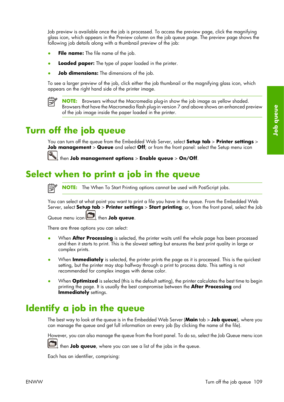 Turn off the job queue, Select when to print a job in the queue, Identify a job in the queue | HP Designjet Z3100 Photo Printer series User Manual | Page 119 / 221