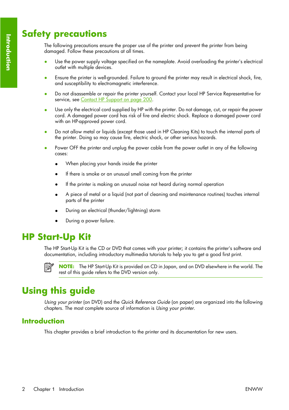 Safety precautions, Hp start-up kit, Using this guide | Introduction | HP Designjet Z3100 Photo Printer series User Manual | Page 12 / 221