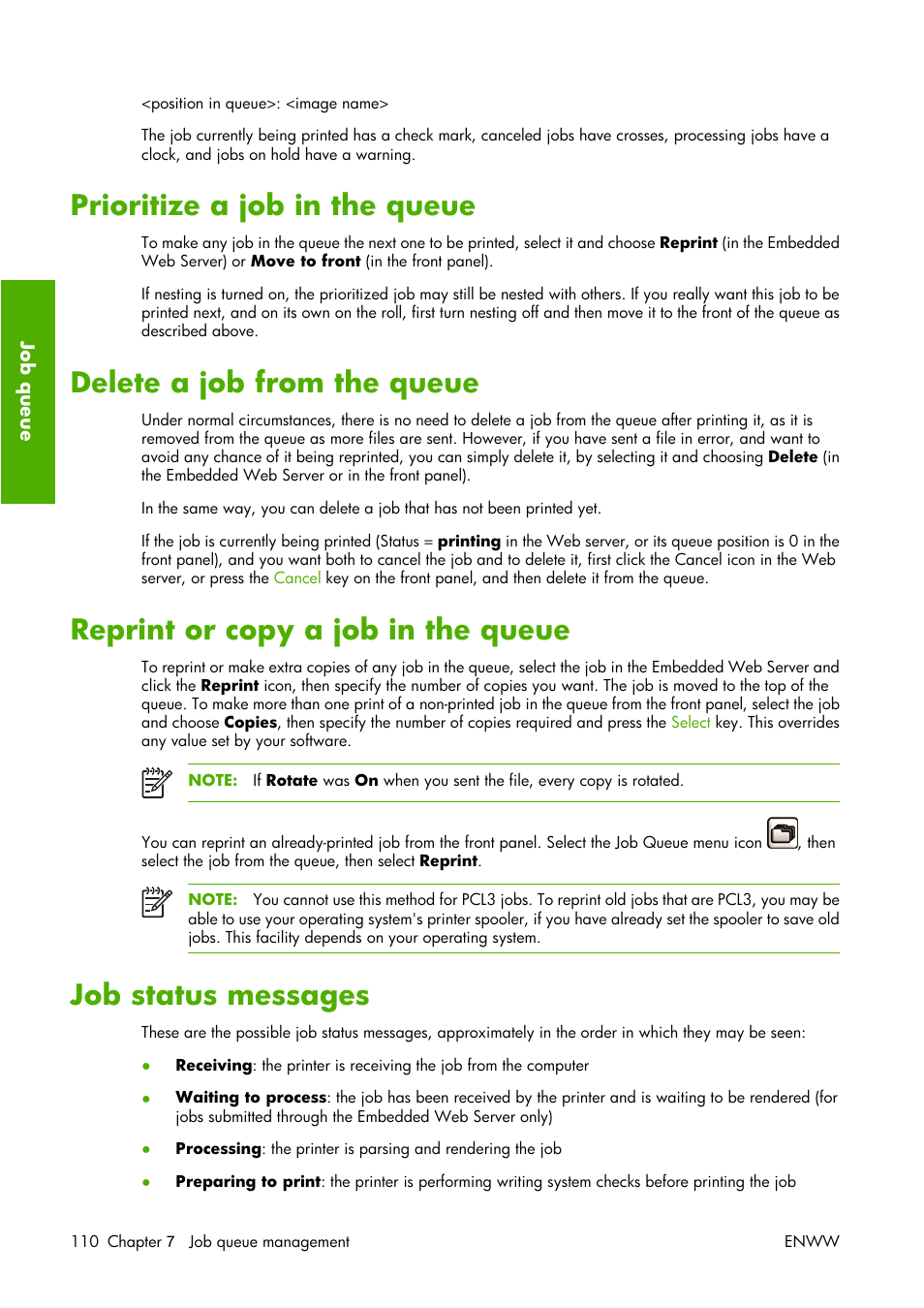 Prioritize a job in the queue, Delete a job from the queue, Reprint or copy a job in the queue | Job status messages | HP Designjet Z3100 Photo Printer series User Manual | Page 120 / 221