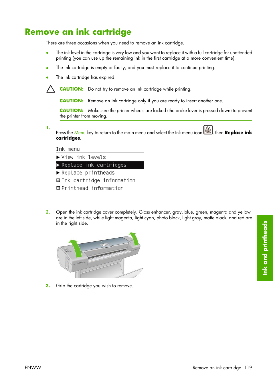 Remove an ink cartridge | HP Designjet Z3100 Photo Printer series User Manual | Page 129 / 221