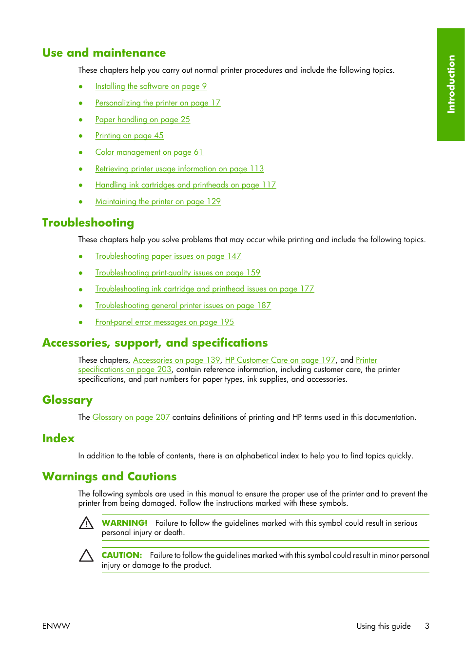 Use and maintenance, Troubleshooting, Accessories, support, and specifications | Glossary, Index, Warnings and cautions | HP Designjet Z3100 Photo Printer series User Manual | Page 13 / 221