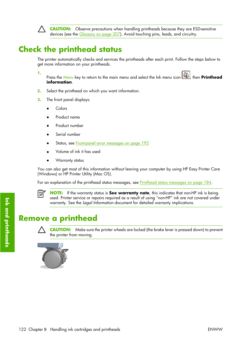 Check the printhead status, Remove a printhead, Check the printhead status remove a printhead | HP Designjet Z3100 Photo Printer series User Manual | Page 132 / 221