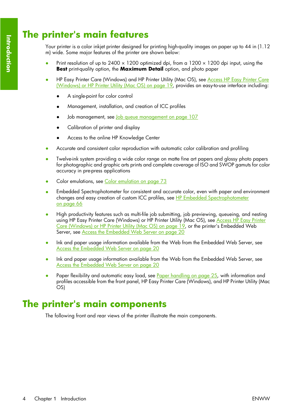 The printer's main features, The printer's main components | HP Designjet Z3100 Photo Printer series User Manual | Page 14 / 221