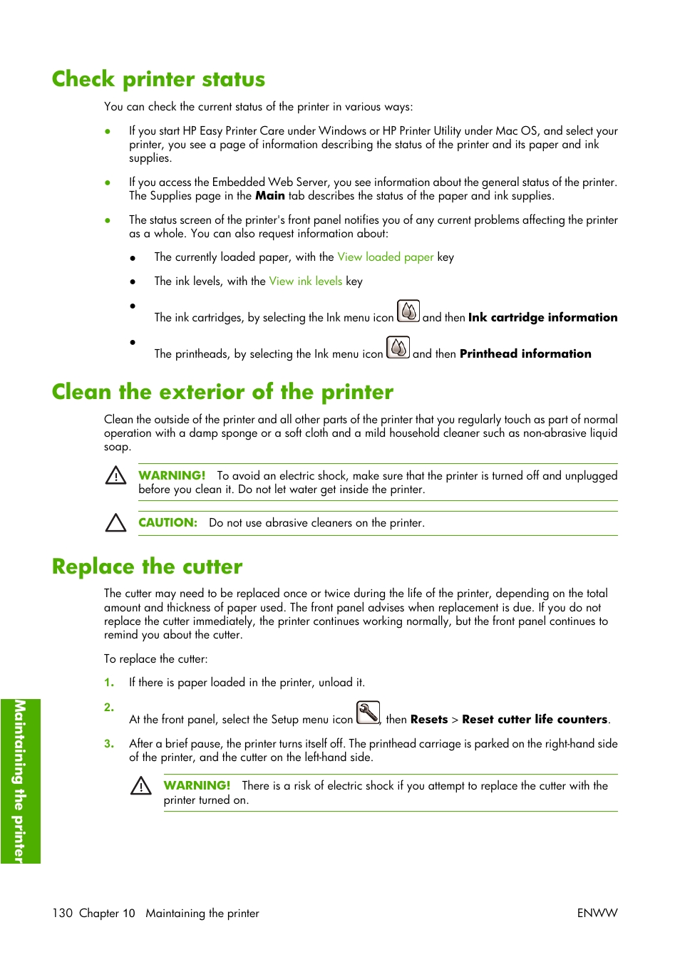 Check printer status, Clean the exterior of the printer, Replace the cutter | HP Designjet Z3100 Photo Printer series User Manual | Page 140 / 221