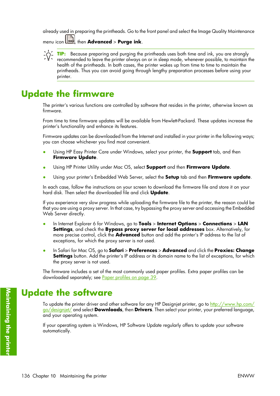 Update the firmware, Update the software, Update the firmware update the software | HP Designjet Z3100 Photo Printer series User Manual | Page 146 / 221