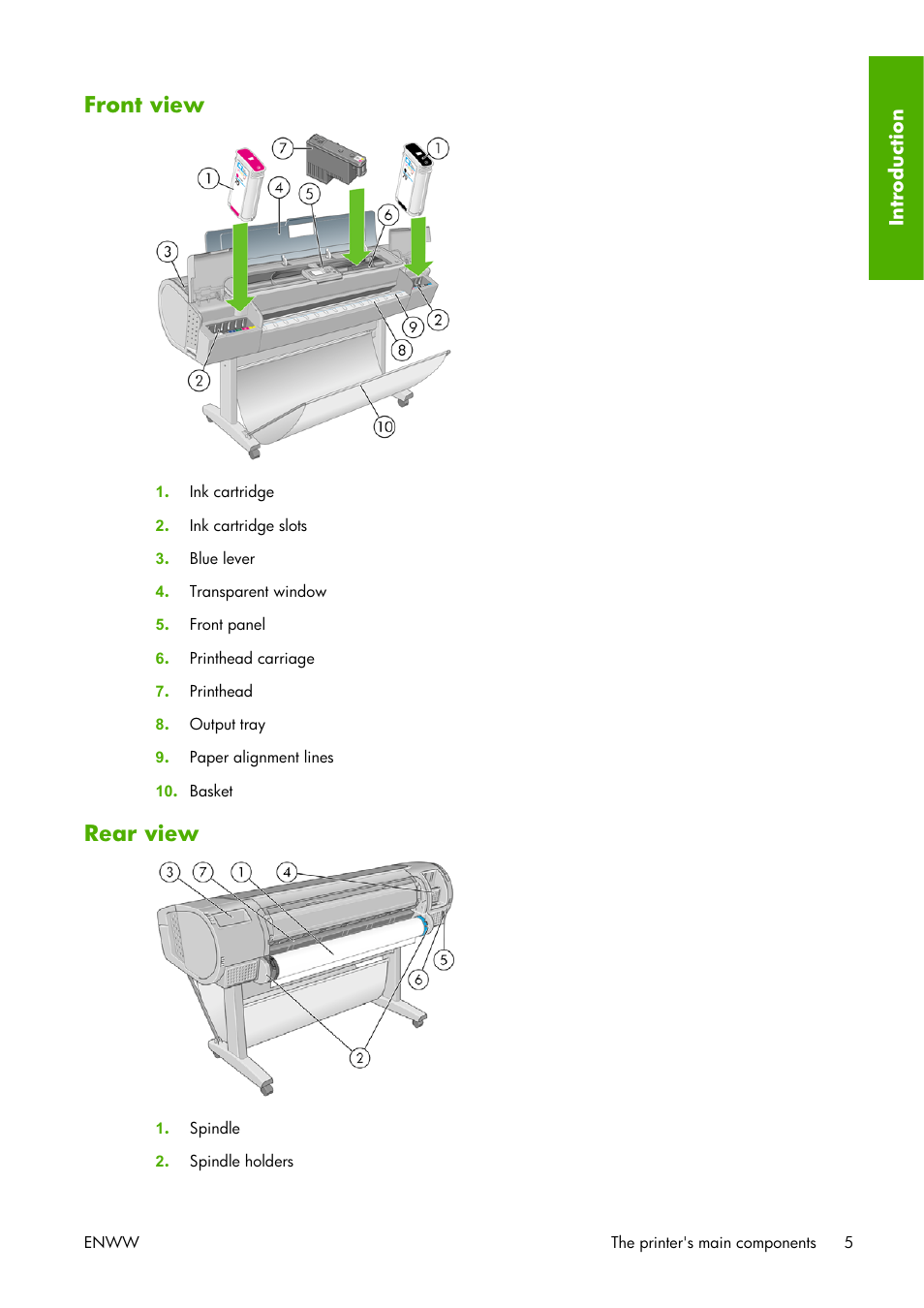 Front view, Rear view, Front view rear view | HP Designjet Z3100 Photo Printer series User Manual | Page 15 / 221