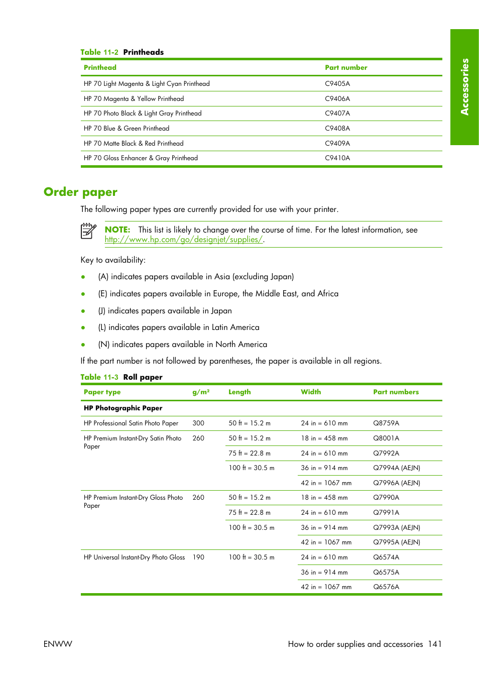 Order paper, Accesso ri e s | HP Designjet Z3100 Photo Printer series User Manual | Page 151 / 221