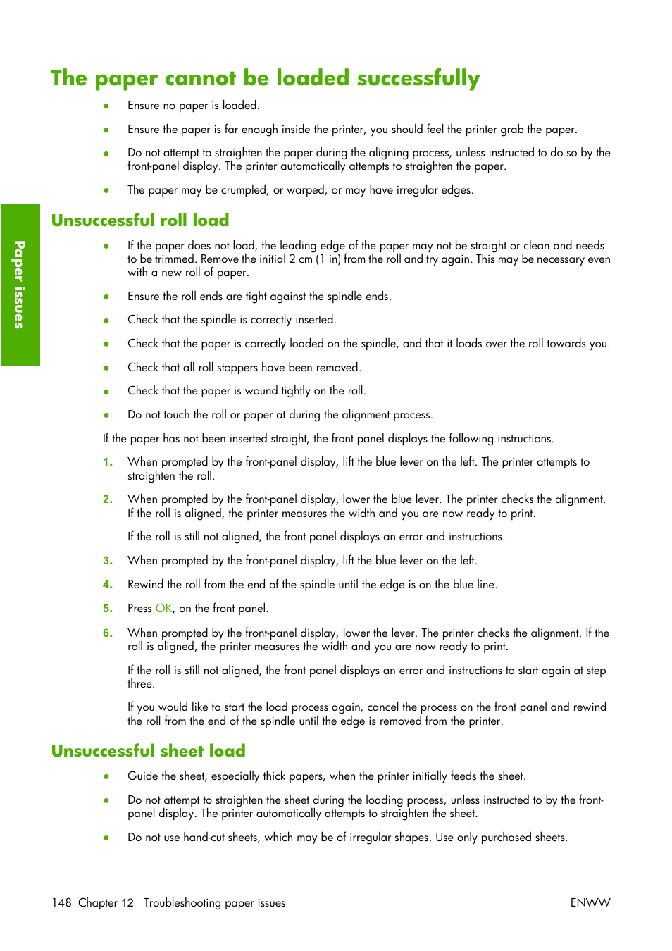 The paper cannot be loaded successfully, Unsuccessful roll load, Unsuccessful sheet load | Unsuccessful roll load unsuccessful sheet load, The paper | HP Designjet Z3100 Photo Printer series User Manual | Page 158 / 221