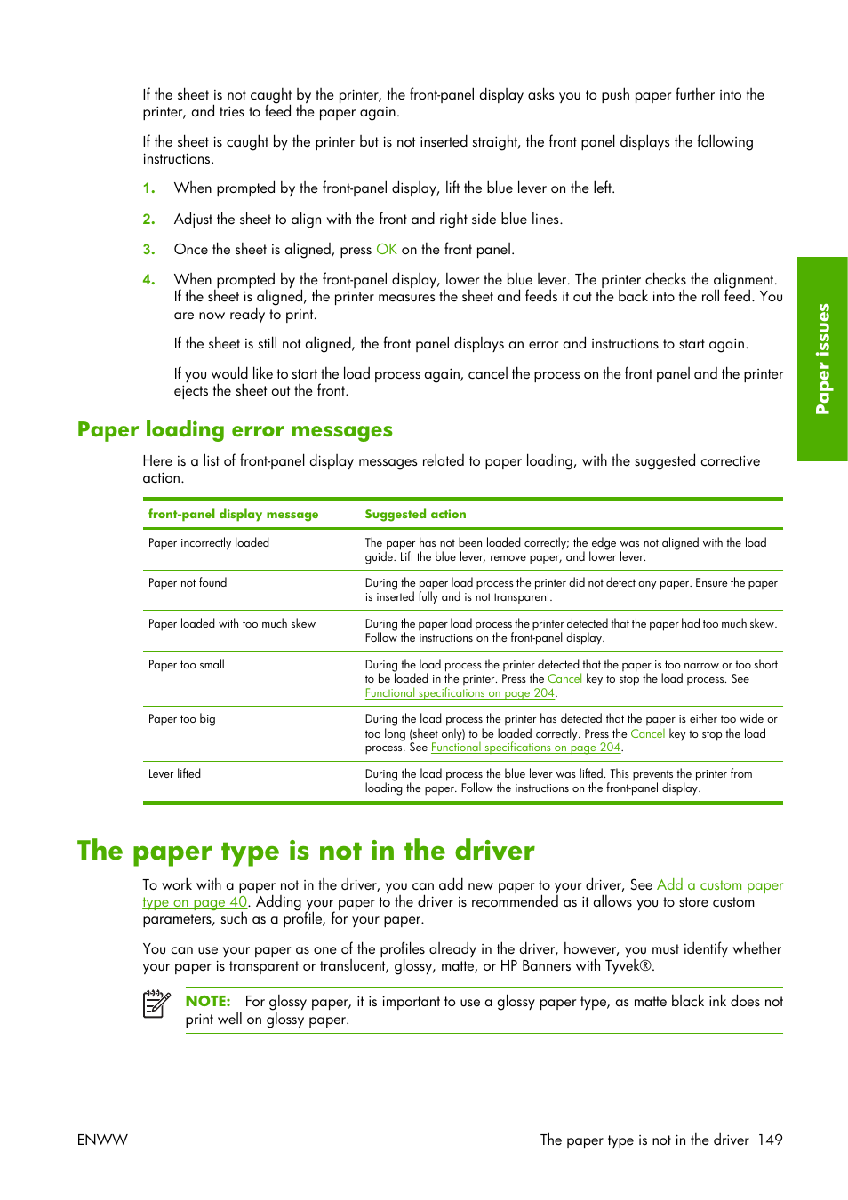 Paper loading error messages, The paper type is not in the driver, Pa per is sue s | HP Designjet Z3100 Photo Printer series User Manual | Page 159 / 221