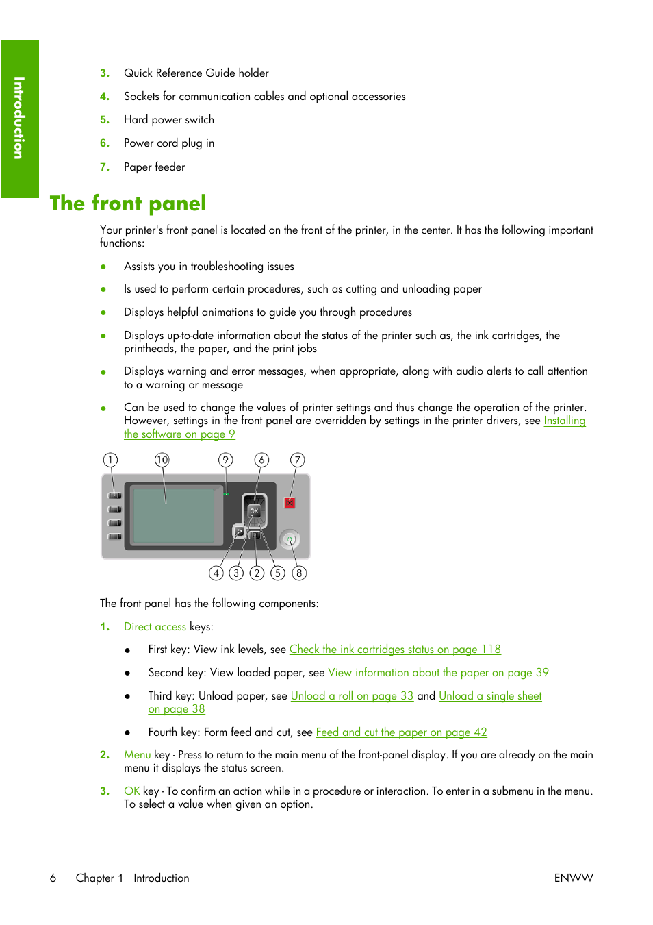 The front panel | HP Designjet Z3100 Photo Printer series User Manual | Page 16 / 221