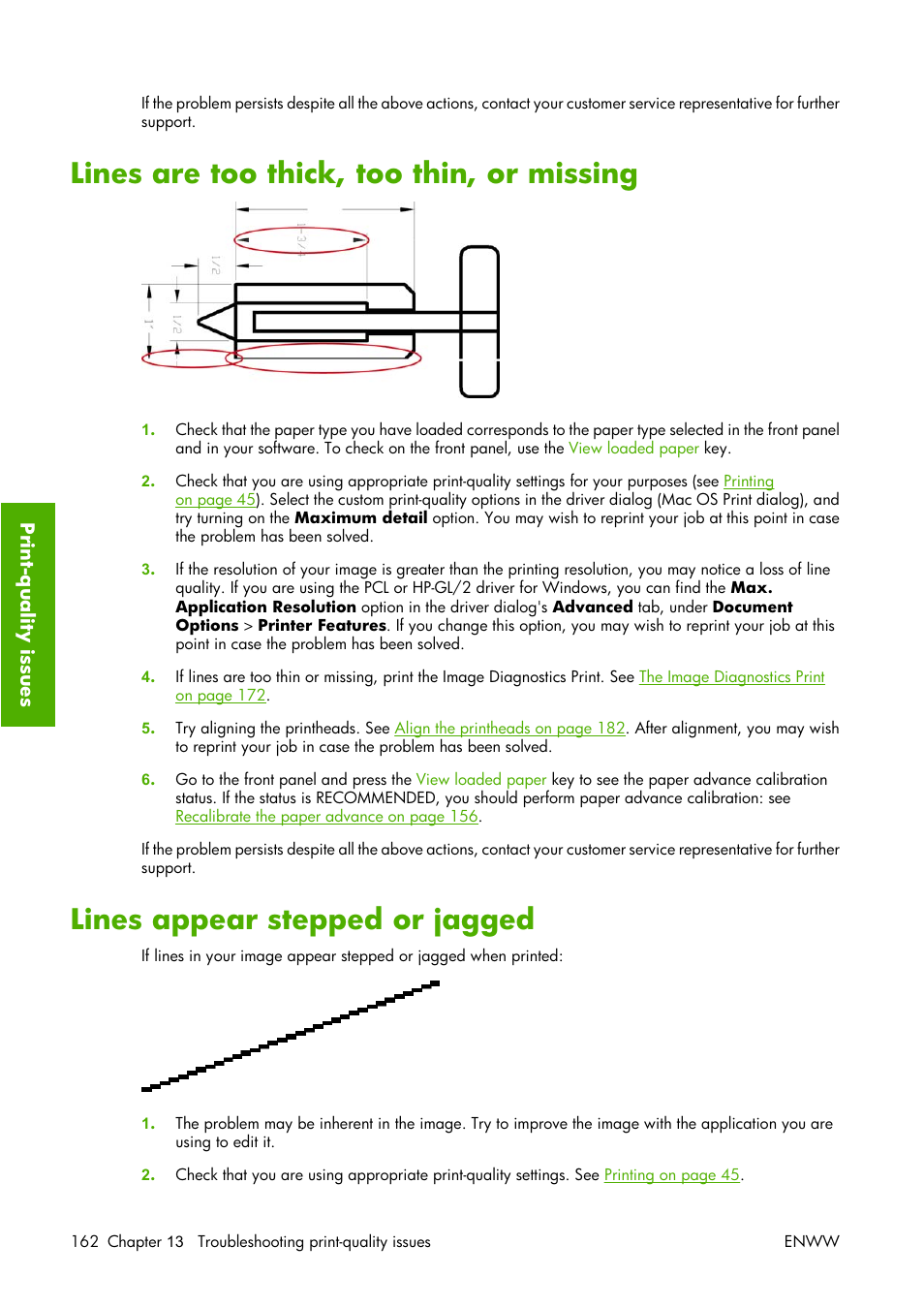 Lines are too thick, too thin, or missing, Lines appear stepped or jagged | HP Designjet Z3100 Photo Printer series User Manual | Page 172 / 221