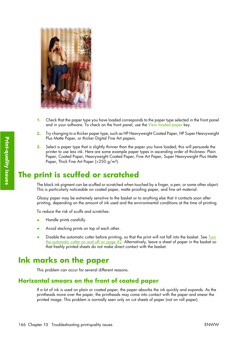 The print is scuffed or scratched, Ink marks on the paper, Horizontal smears on the front of coated paper | The print is scuffed or | HP Designjet Z3100 Photo Printer series User Manual | Page 176 / 221