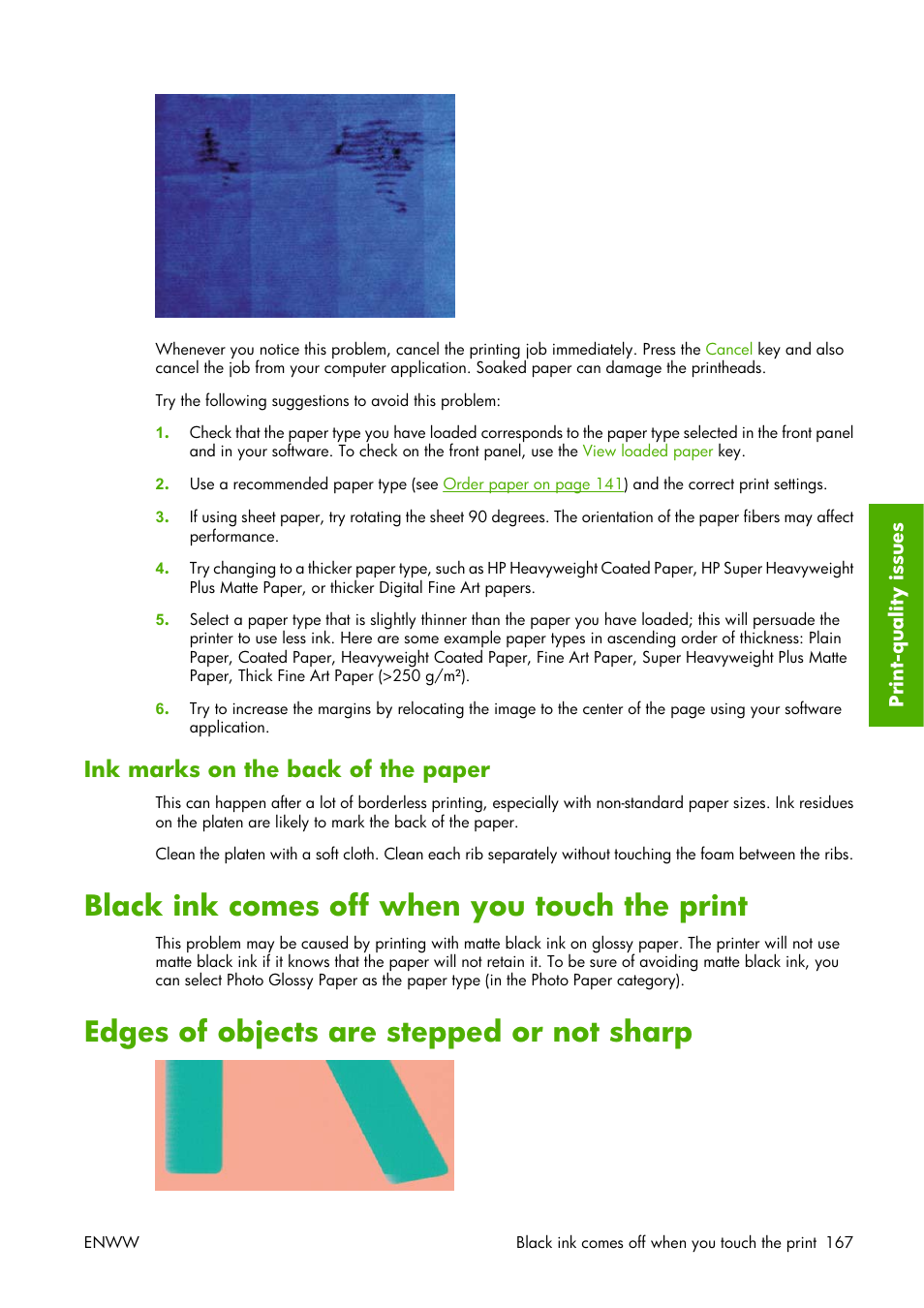 Ink marks on the back of the paper, Black ink comes off when you touch the print, Edges of objects are stepped or not sharp | HP Designjet Z3100 Photo Printer series User Manual | Page 177 / 221