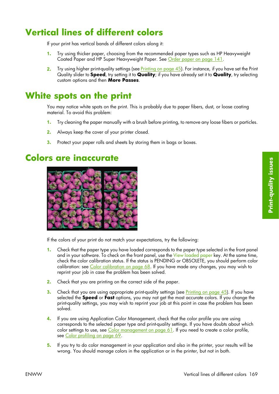 Vertical lines of different colors, White spots on the print, Colors are inaccurate | HP Designjet Z3100 Photo Printer series User Manual | Page 179 / 221