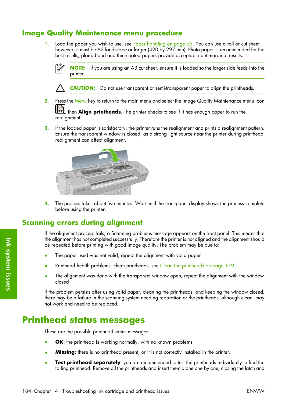 Image quality maintenance menu procedure, Scanning errors during alignment, Printhead status messages | HP Designjet Z3100 Photo Printer series User Manual | Page 194 / 221