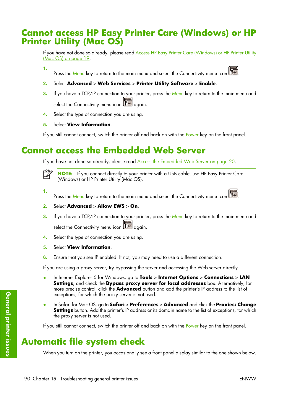 Cannot access the embedded web server, Automatic file system check, Web server, see | Cannot | HP Designjet Z3100 Photo Printer series User Manual | Page 200 / 221