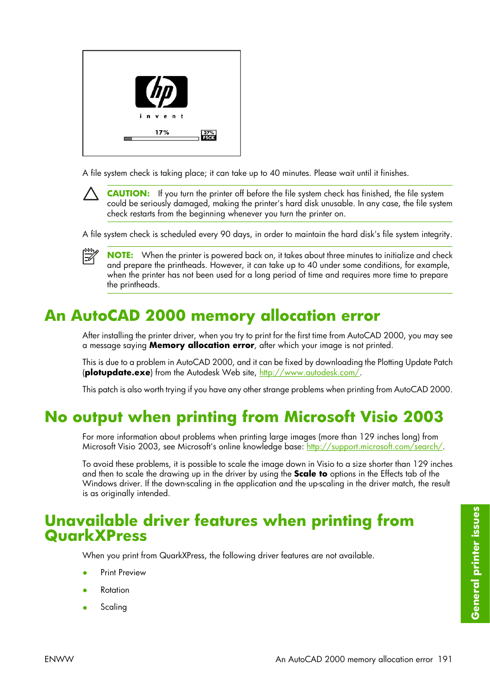 An autocad 2000 memory allocation error, No output when printing from microsoft visio 2003 | HP Designjet Z3100 Photo Printer series User Manual | Page 201 / 221