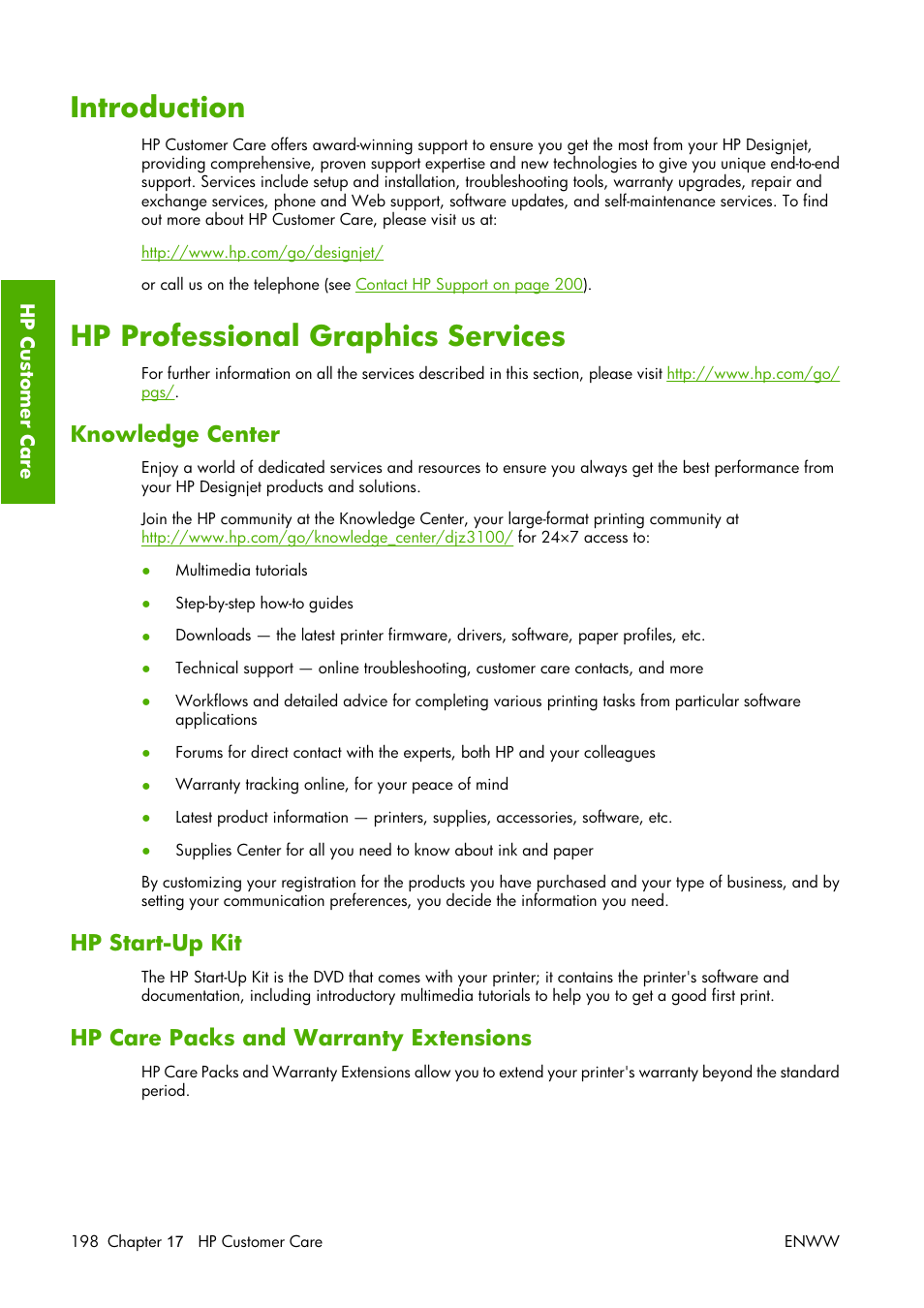 Introduction, Hp professional graphics services, Knowledge center | Hp start-up kit, Hp care packs and warranty extensions, Introduction hp professional graphics services | HP Designjet Z3100 Photo Printer series User Manual | Page 208 / 221
