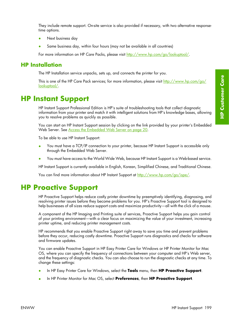 Hp installation, Hp instant support, Hp proactive support | Hp instant support hp proactive support | HP Designjet Z3100 Photo Printer series User Manual | Page 209 / 221
