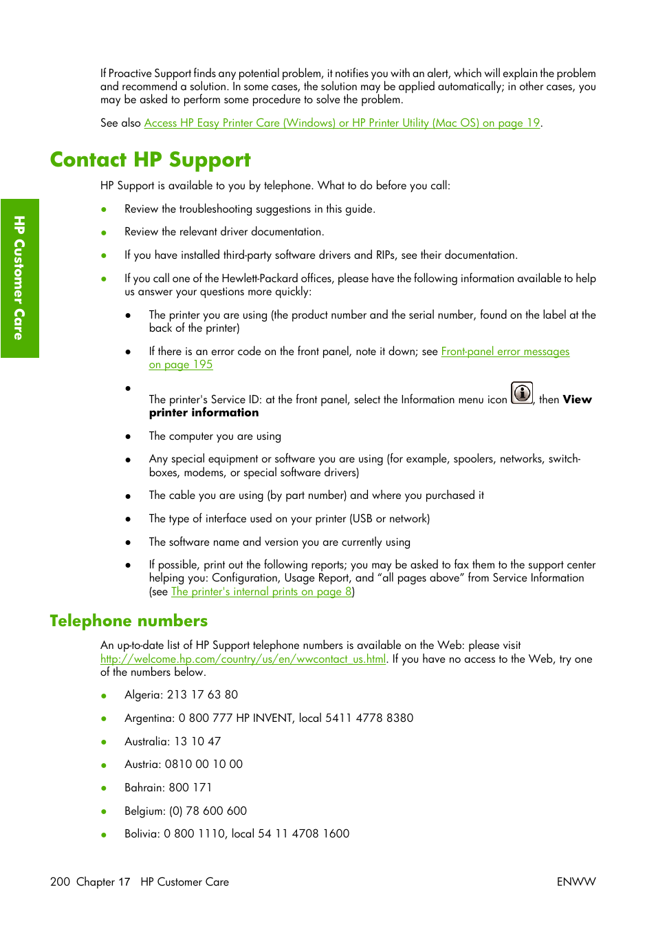 Contact hp support, Telephone numbers, Ort (see | Contact hp support. see, Act hp support. see | HP Designjet Z3100 Photo Printer series User Manual | Page 210 / 221