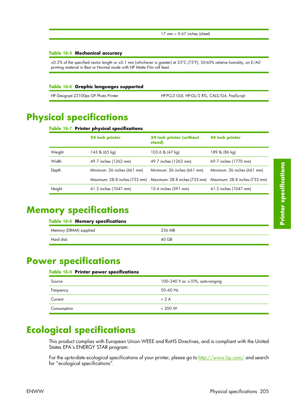 Physical specifications, Memory specifications, Power specifications | Ecological specifications, Prin ter sp ecifications | HP Designjet Z3100 Photo Printer series User Manual | Page 215 / 221