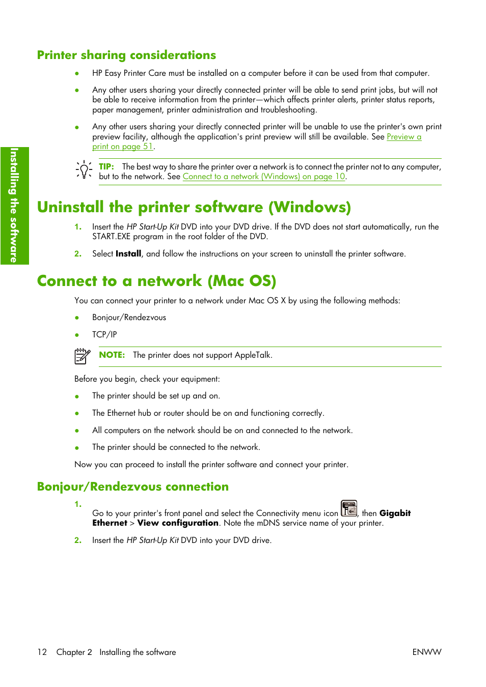 Printer sharing considerations, Uninstall the printer software (windows), Connect to a network (mac os) | Bonjour/rendezvous connection | HP Designjet Z3100 Photo Printer series User Manual | Page 22 / 221