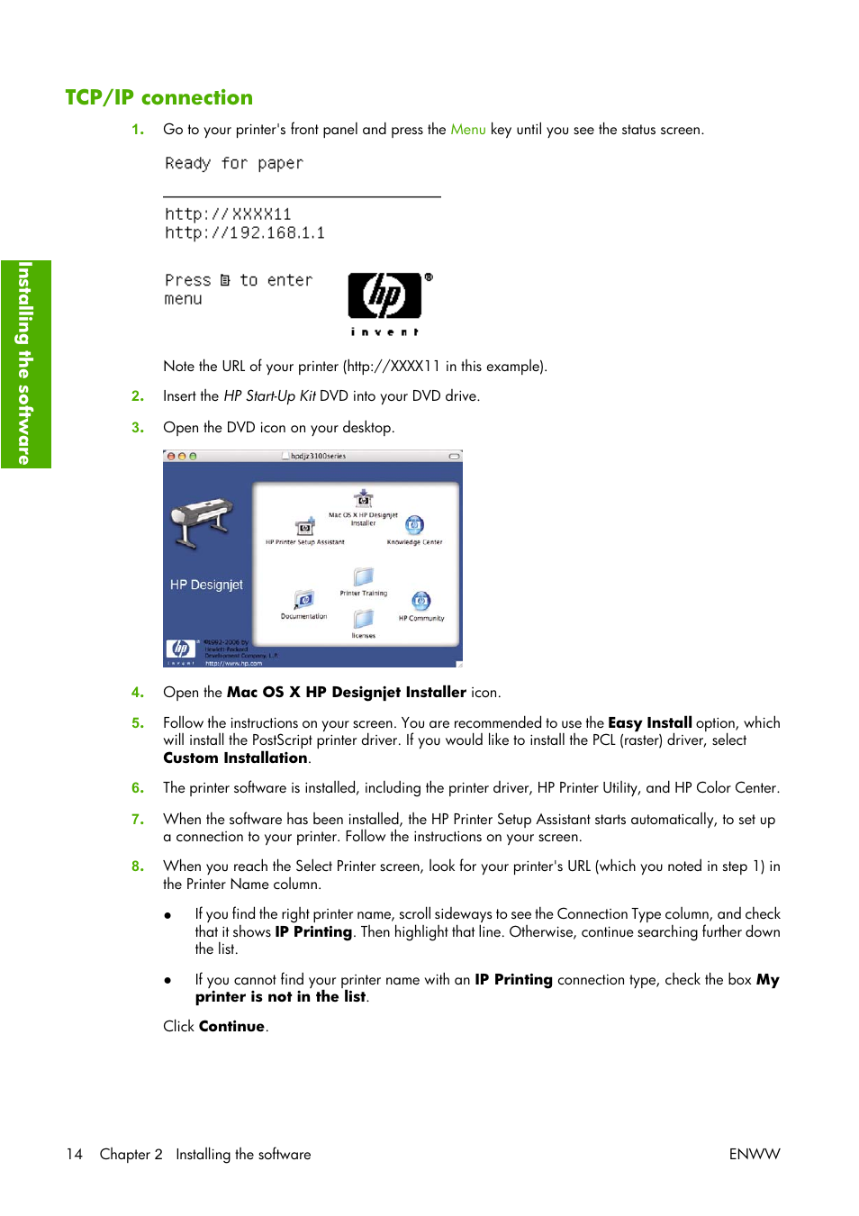 Tcp/ip connection | HP Designjet Z3100 Photo Printer series User Manual | Page 24 / 221