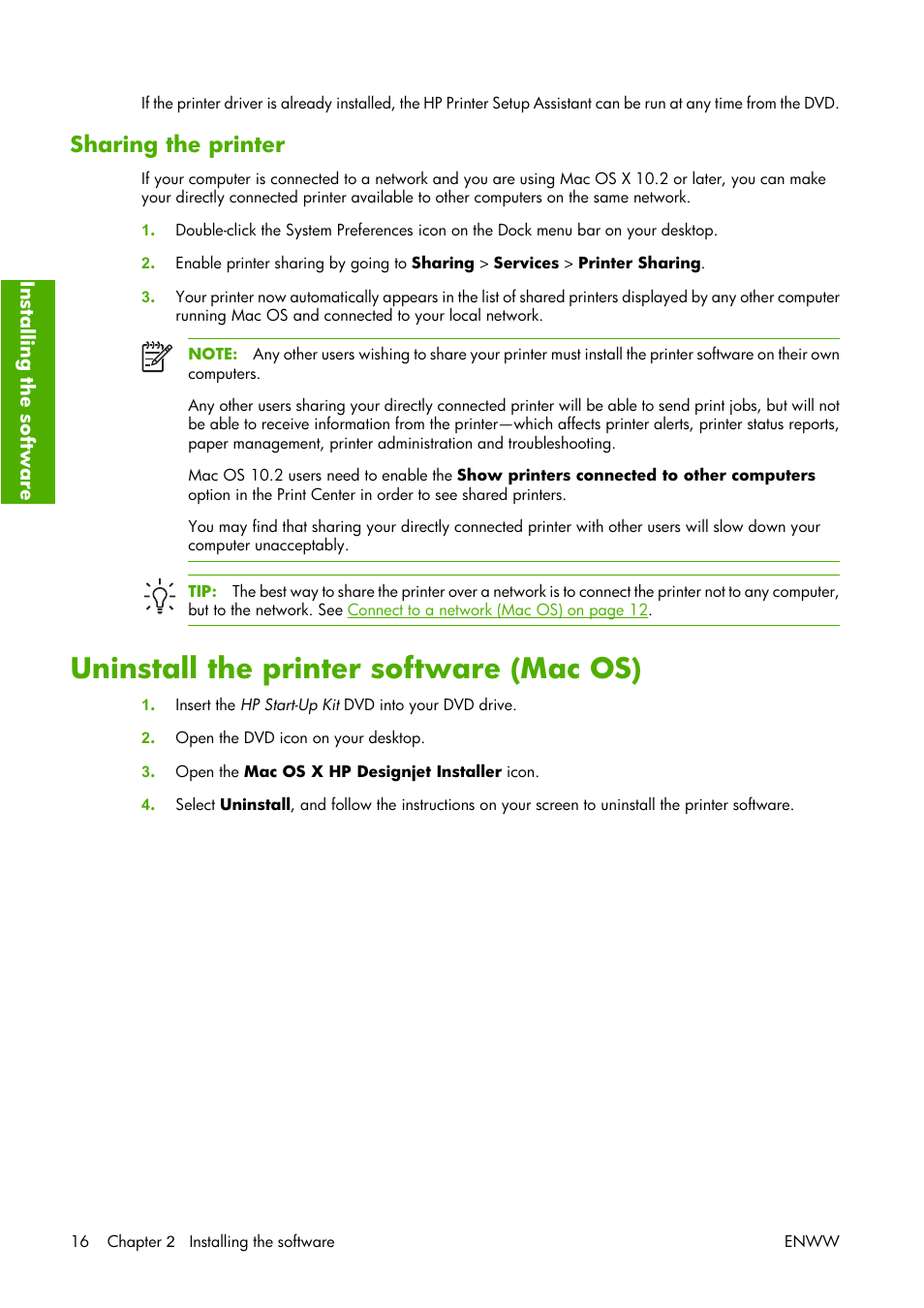 Sharing the printer, Uninstall the printer software (mac os) | HP Designjet Z3100 Photo Printer series User Manual | Page 26 / 221