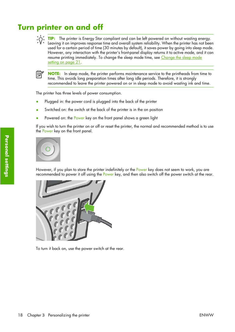 Turn printer on and off | HP Designjet Z3100 Photo Printer series User Manual | Page 28 / 221