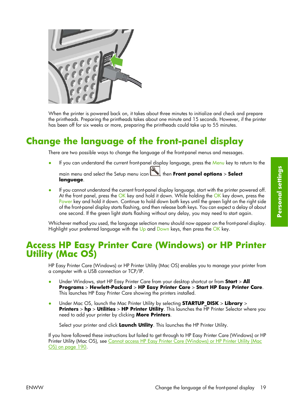 Change the language of the front-panel display, Access hp easy printer care, Access hp easy printer | HP Designjet Z3100 Photo Printer series User Manual | Page 29 / 221