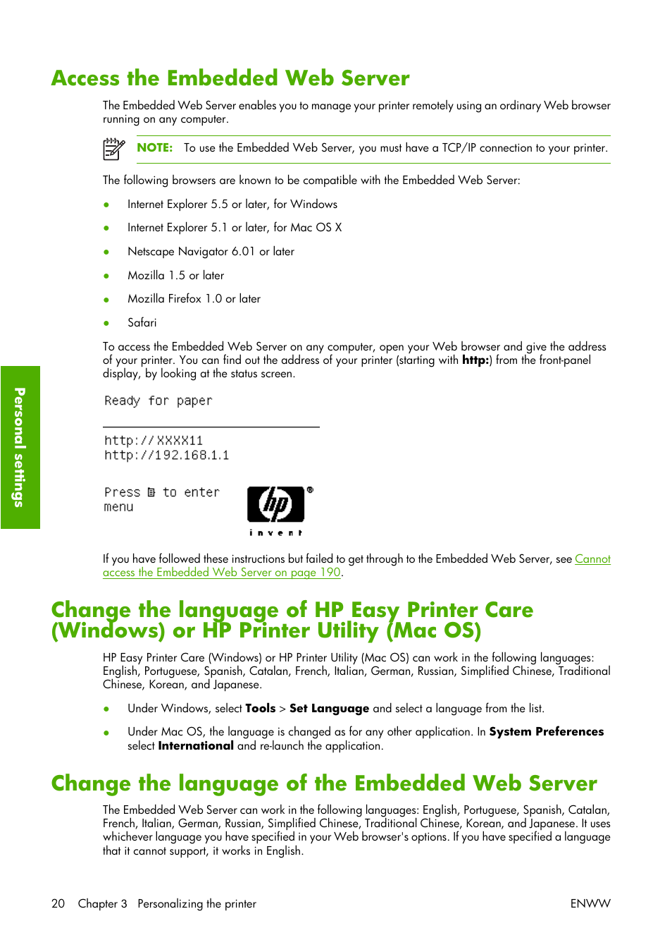 Access the embedded web server, Change the language of the embedded web server | HP Designjet Z3100 Photo Printer series User Manual | Page 30 / 221