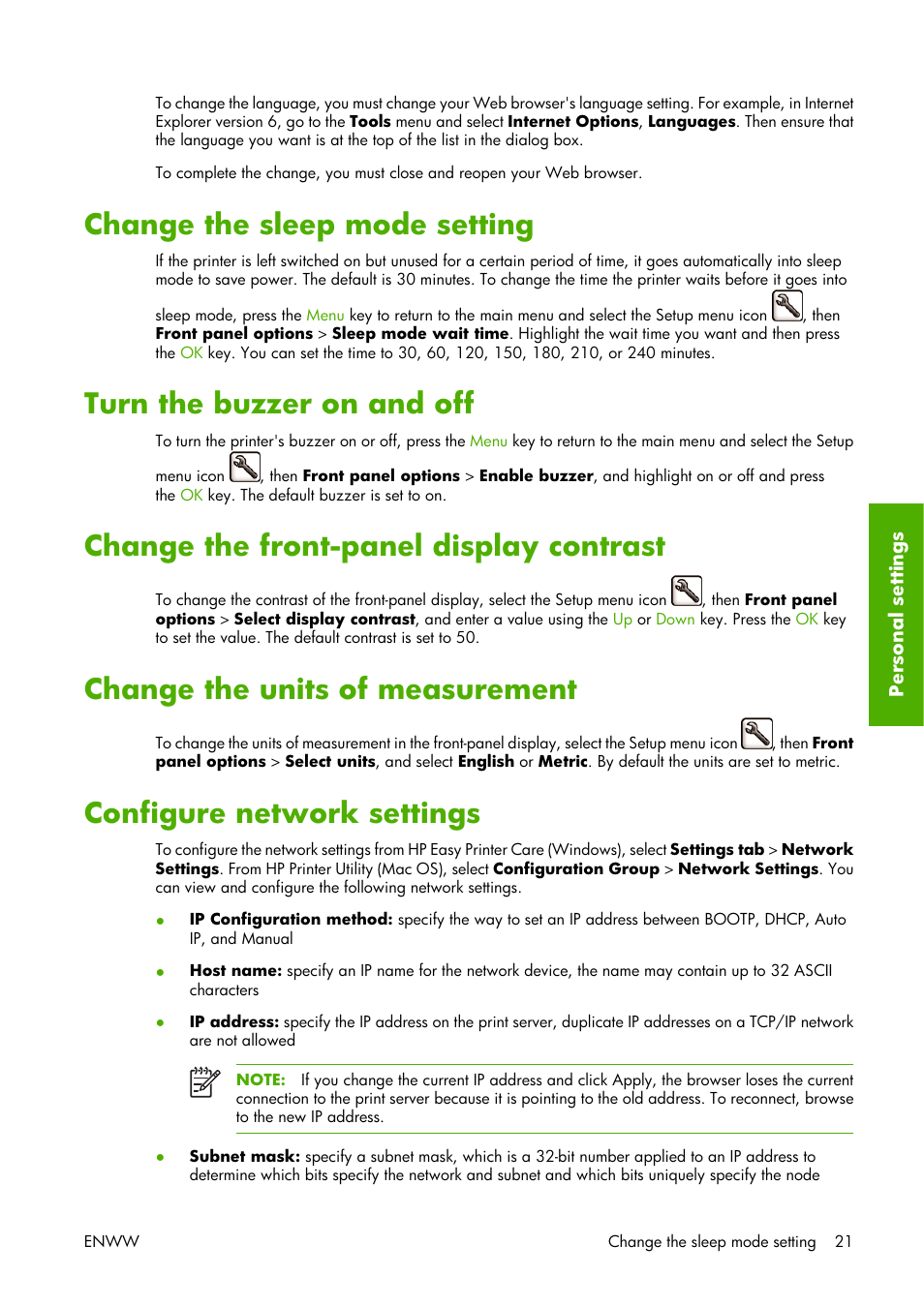 Change the sleep mode setting, Turn the buzzer on and off, Change the front-panel display contrast | Change the units of measurement, Configure network settings, Change the sleep mode | HP Designjet Z3100 Photo Printer series User Manual | Page 31 / 221