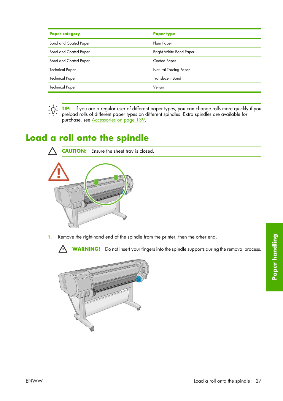 Load a roll onto the spindle, Paper handling | HP Designjet Z3100 Photo Printer series User Manual | Page 37 / 221