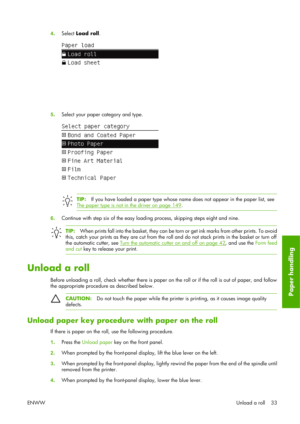 Unload a roll, Unload paper key procedure with paper on the roll | HP Designjet Z3100 Photo Printer series User Manual | Page 43 / 221