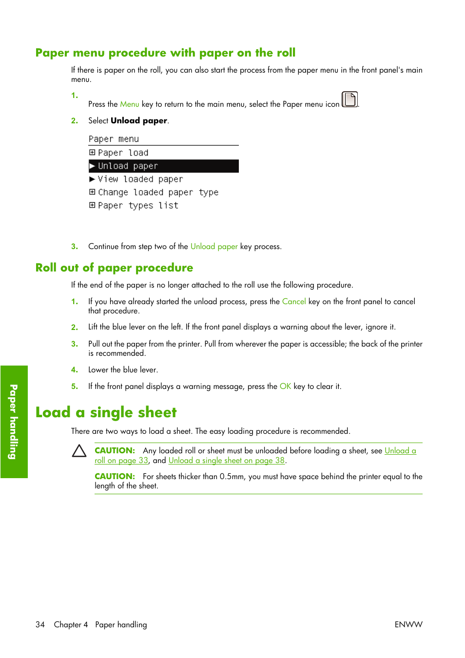 Paper menu procedure with paper on the roll, Roll out of paper procedure, Load a single sheet | HP Designjet Z3100 Photo Printer series User Manual | Page 44 / 221