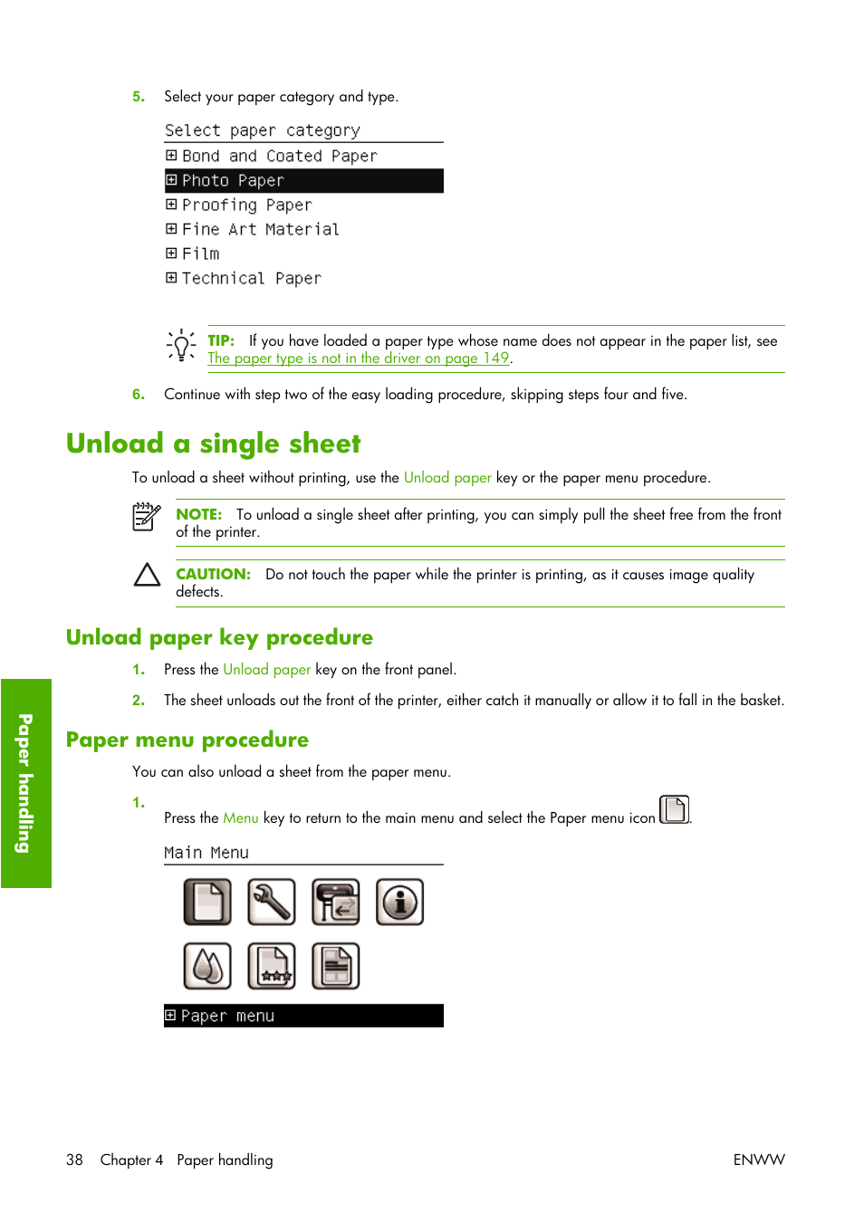 Unload a single sheet, Unload paper key procedure, Paper menu procedure | Unload paper key procedure paper menu procedure | HP Designjet Z3100 Photo Printer series User Manual | Page 48 / 221