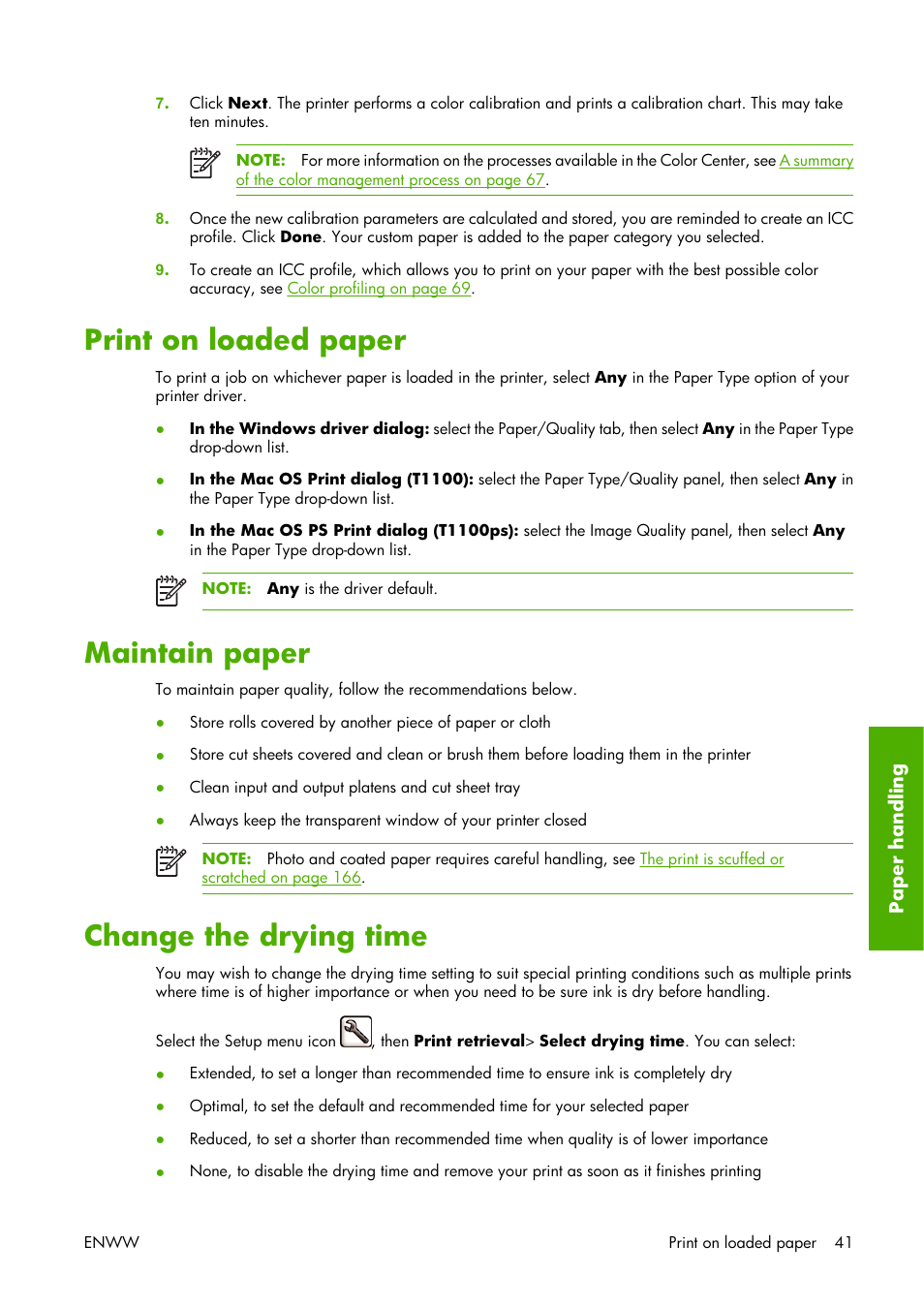 Print on loaded paper, Maintain paper, Change the drying time | HP Designjet Z3100 Photo Printer series User Manual | Page 51 / 221