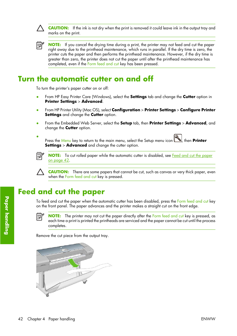 Turn the automatic cutter on and off, Feed and cut the paper, T, see | The automatic cutter, see | HP Designjet Z3100 Photo Printer series User Manual | Page 52 / 221