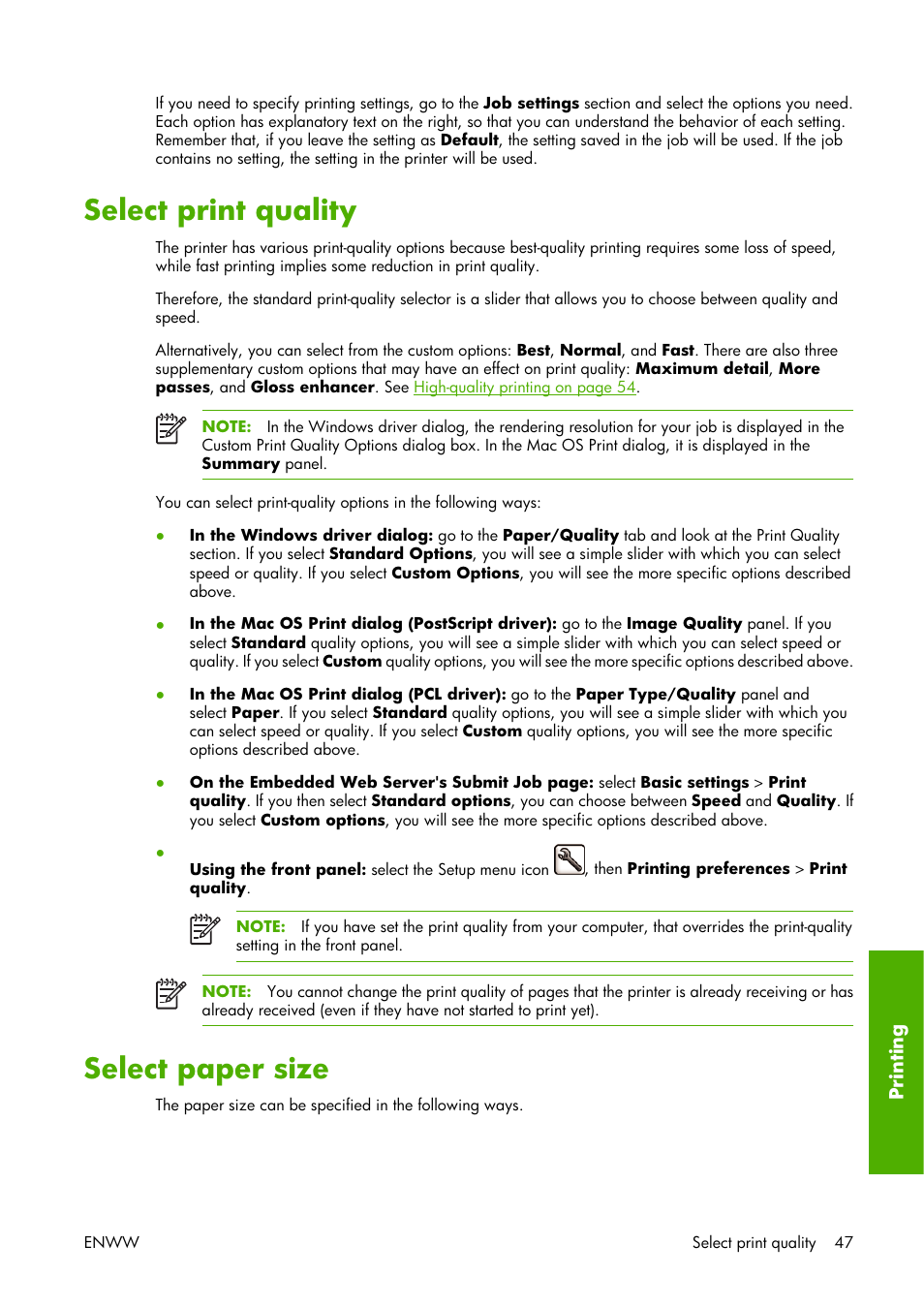 Select print quality, Select paper size, Select print quality select paper size | HP Designjet Z3100 Photo Printer series User Manual | Page 57 / 221