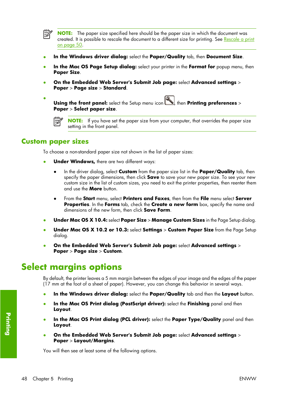 Custom paper sizes, Select margins options | HP Designjet Z3100 Photo Printer series User Manual | Page 58 / 221