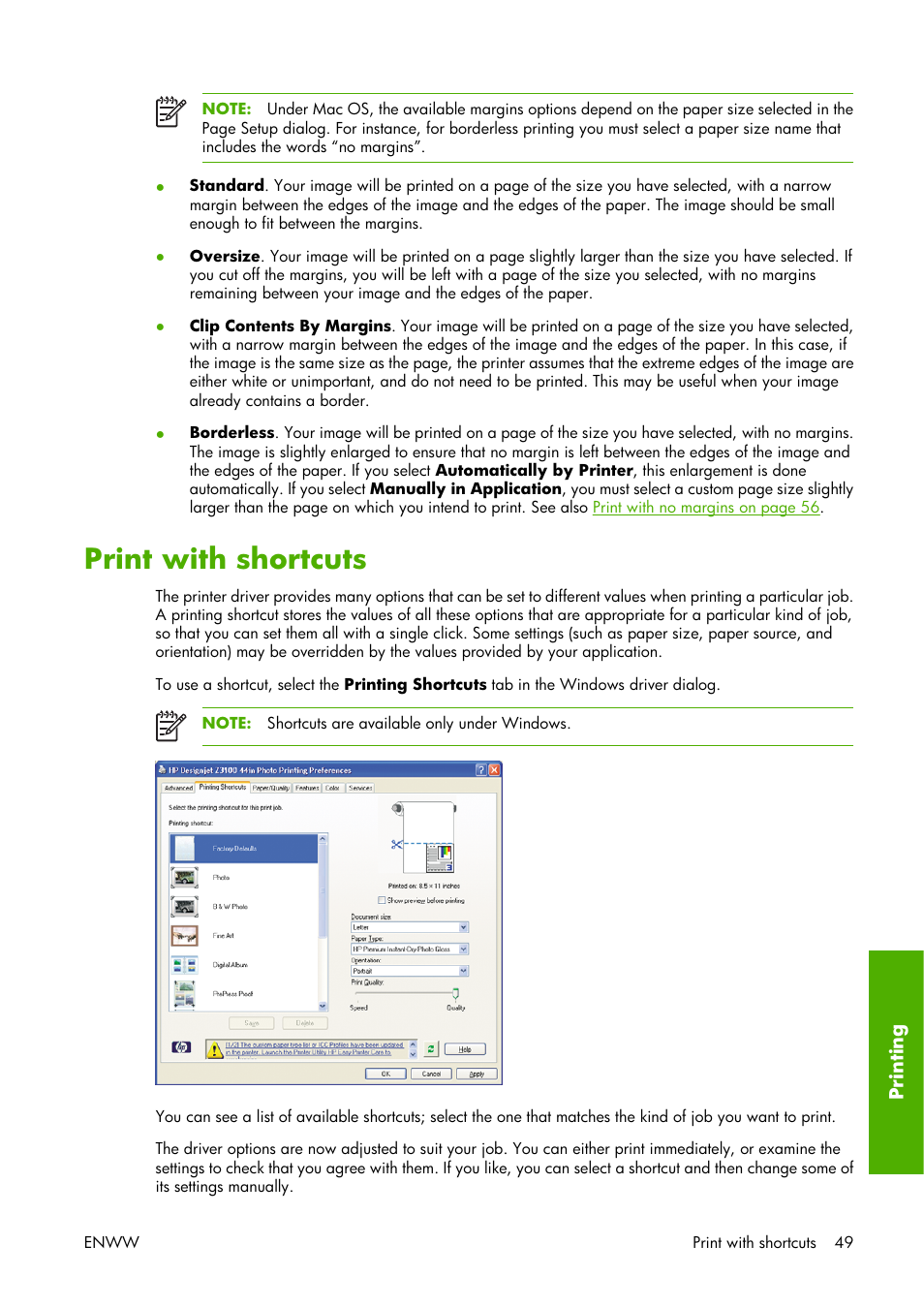 Print with shortcuts | HP Designjet Z3100 Photo Printer series User Manual | Page 59 / 221
