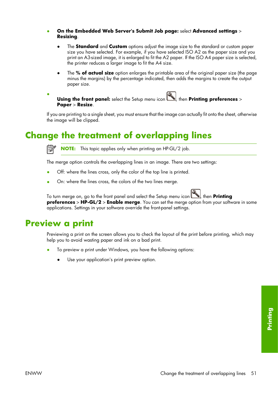 Change the treatment of overlapping lines, Preview a print, Preview a | HP Designjet Z3100 Photo Printer series User Manual | Page 61 / 221
