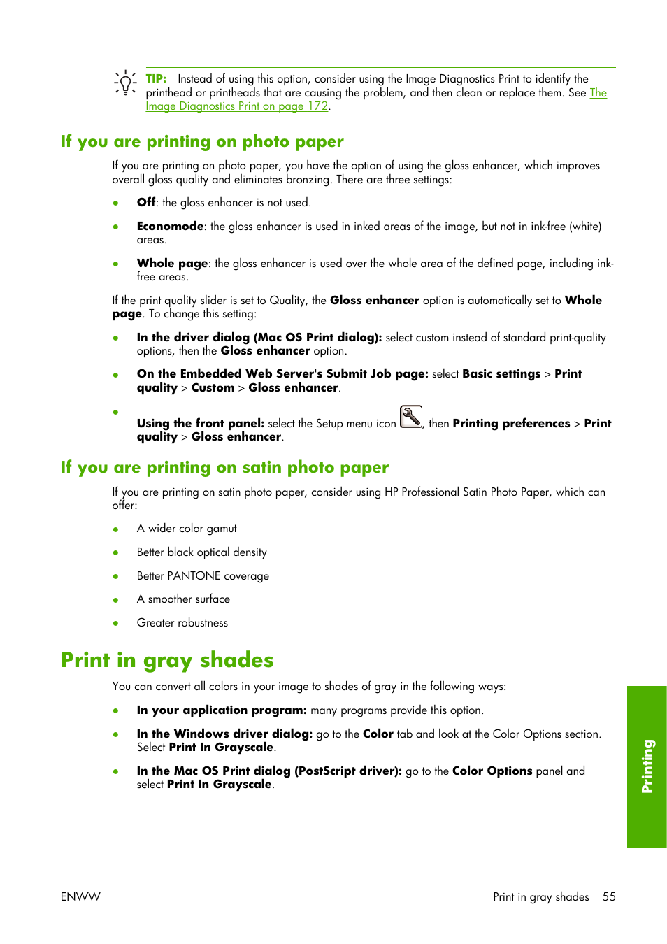 If you are printing on photo paper, If you are printing on satin photo paper, Print in gray shades | HP Designjet Z3100 Photo Printer series User Manual | Page 65 / 221